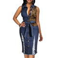 Leopard Patchwork Denim Midi Dress Women Sleeveless Turn Down Collar Office Lady Pencil Dresses Female Spring Summer Jeans Dress