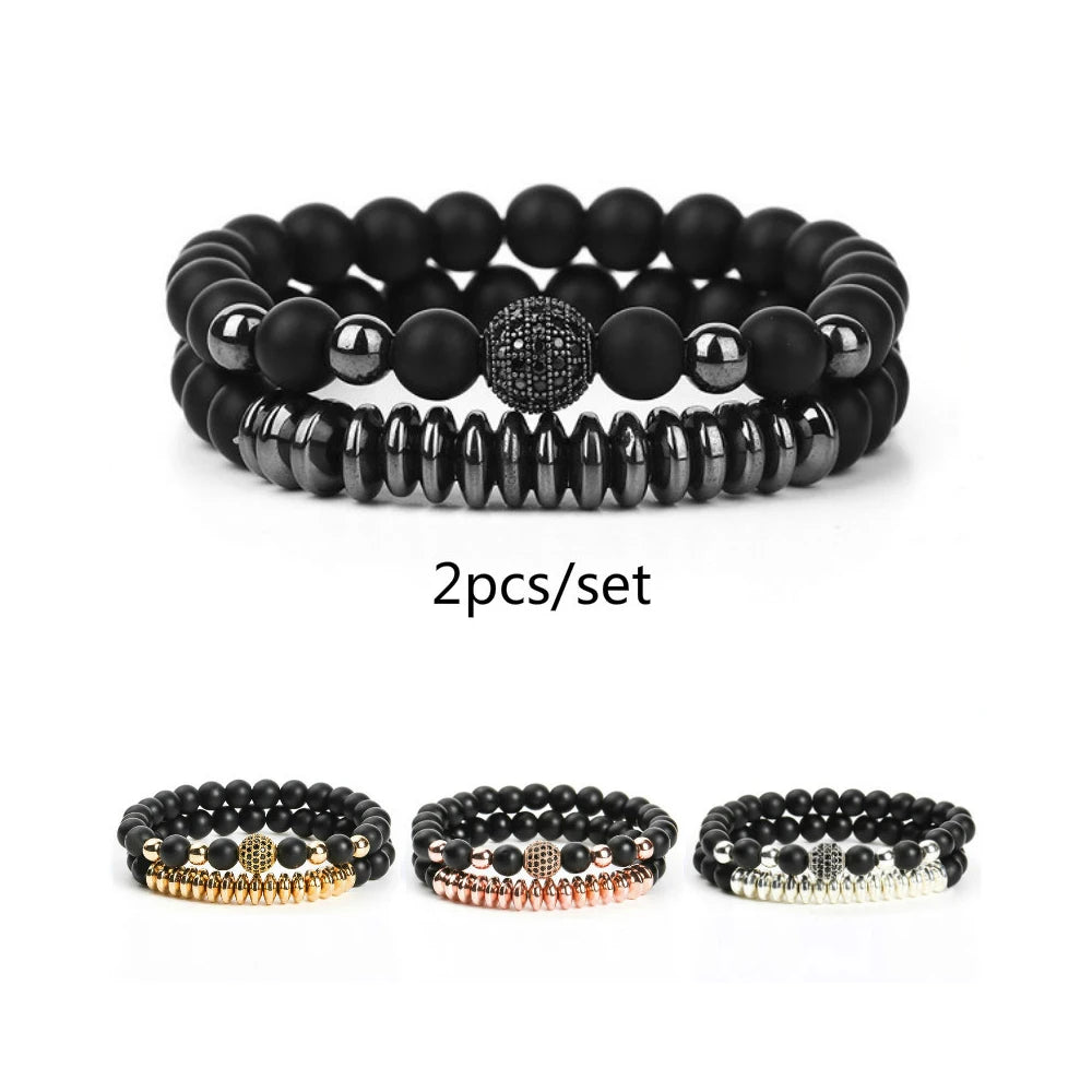 2-Piece Set Micro Pave Zircon Ball Charm Natural Stone Beads Elastic Matte Stretch Bracelets Trendy Fine Jewelry for Women Gift