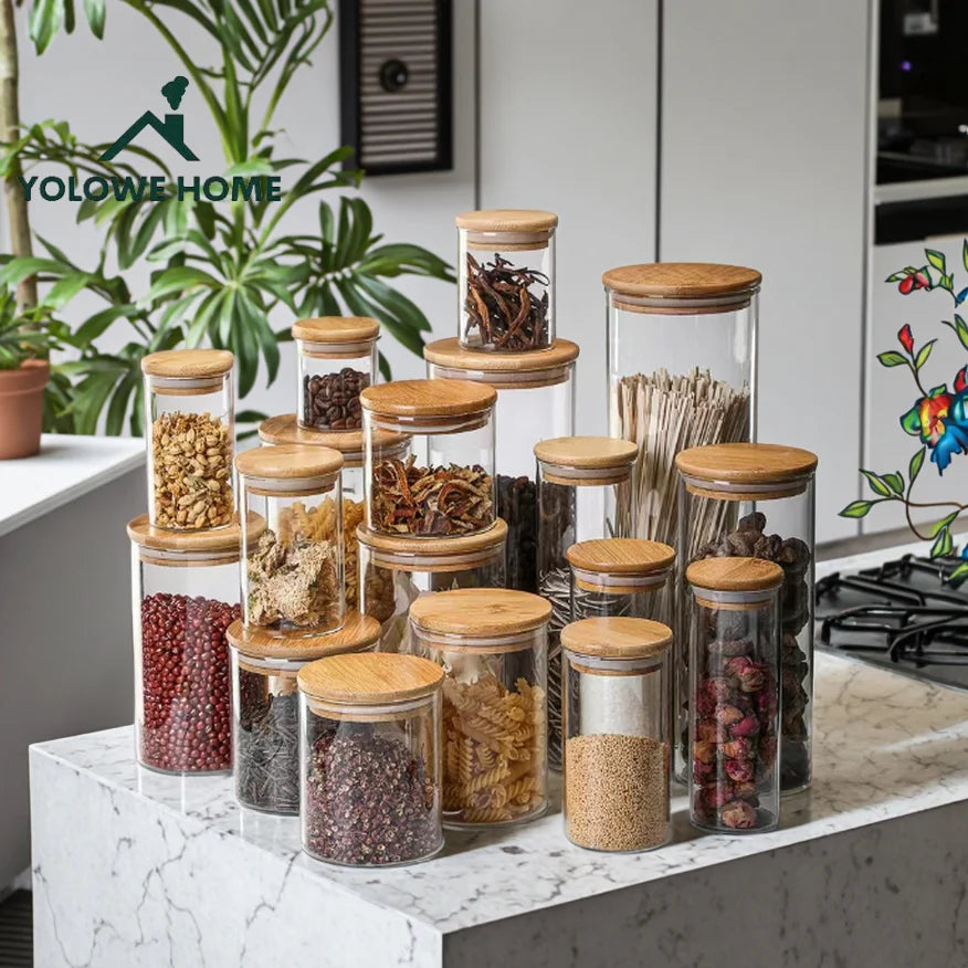 YOLOWE HOME Cereal Containers Storage Glass Storage Containers with Lids Apartment Essentials Glass Jars with Bamboo Lids