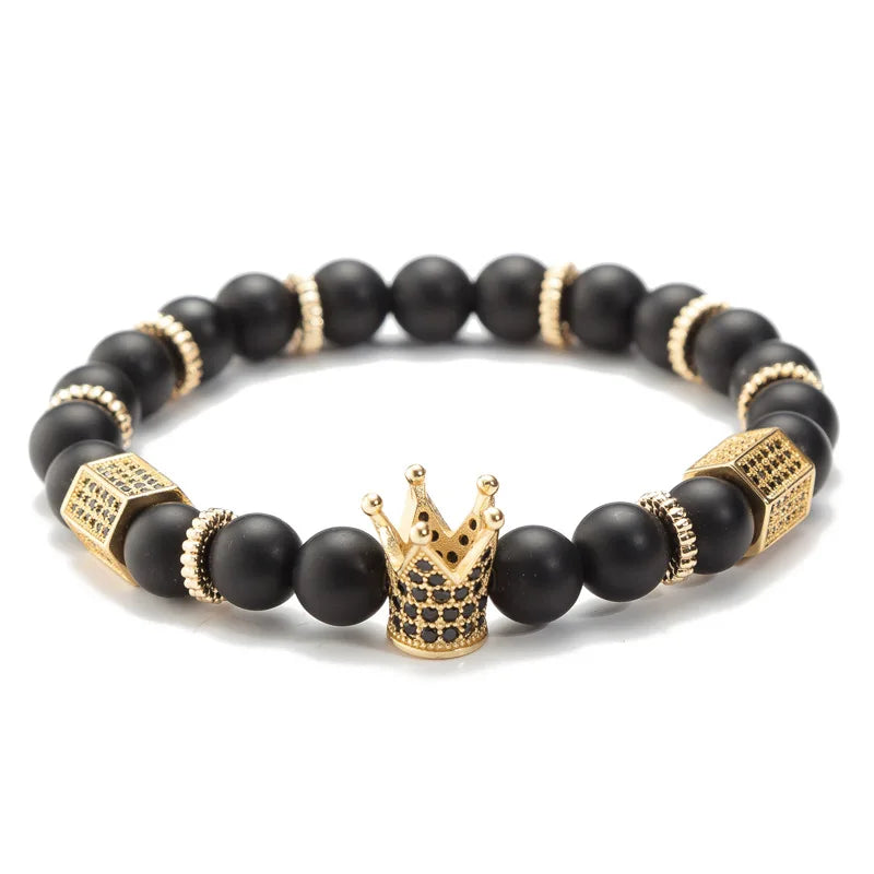 Trendy Golden & Black Natural Stone Beads Charm Bracelet for Men Women Fashionable Gold Crown Bangle Gifts Jewelry Accessories