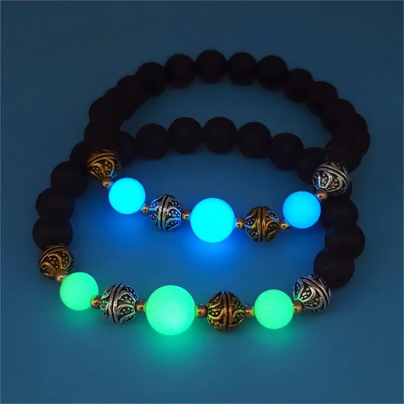 Fashion Jewelry Couple Natural Volcano Stone Beaded Yoga Energy Bracelets Stretch Glowing Luminous Bracelet