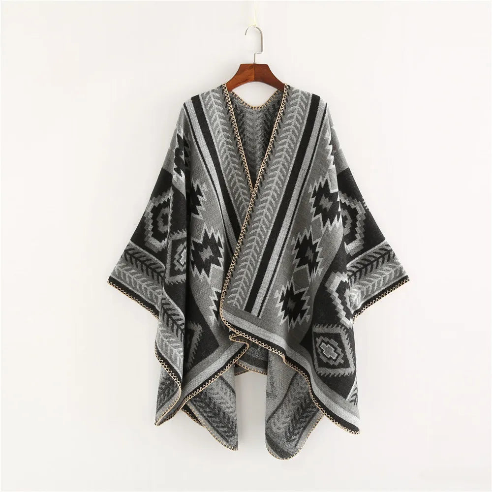 Women's Boho Open Front Poncho Knitted Plaid Shawl Wrap Cape Tassel Cardigan Sweater