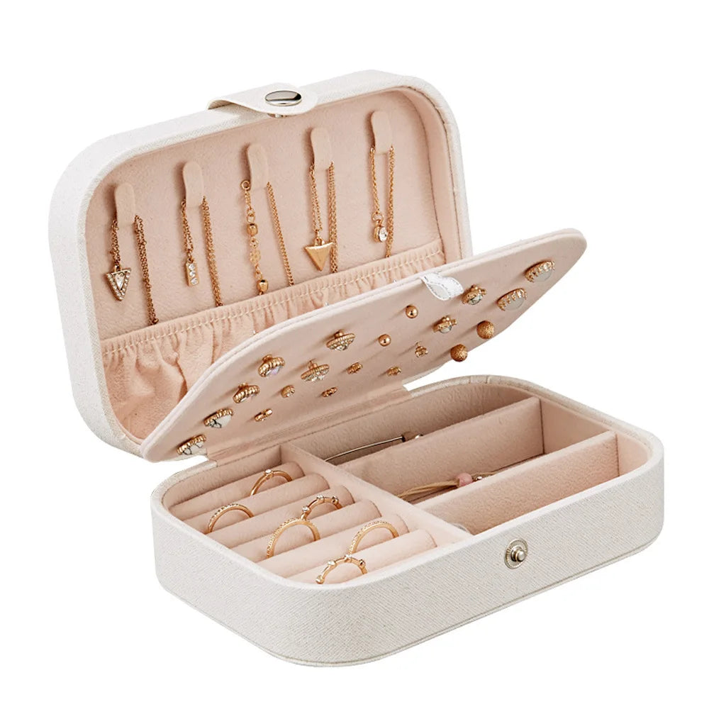 Luxury Travel Multifunction Double Layer White Faux PU Leather Jewellery Box Earrings Necklace Rings Jewelry Organizer Case