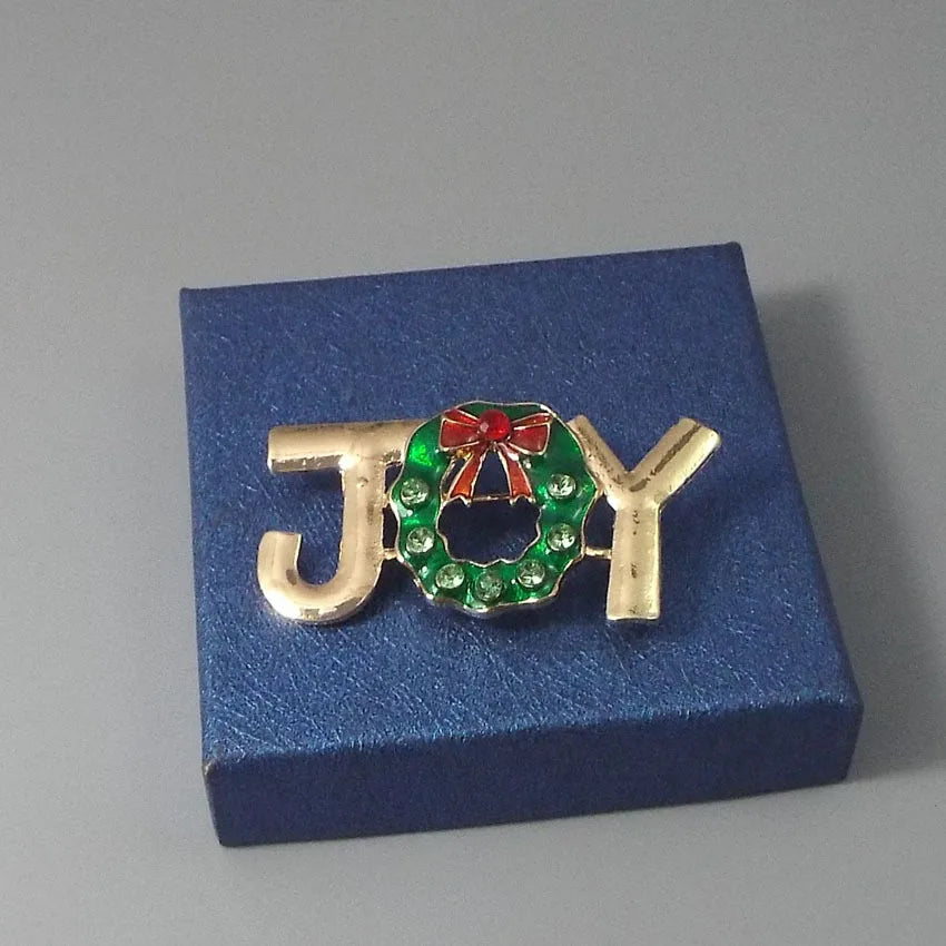 Trendy Children's Festival JOY Gold Green Enamel Crystal Rhinestone Brooch Pins Gift for Christmas Holiday