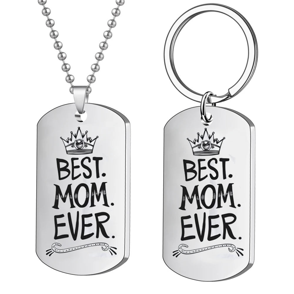 Wholesale New Design Waterproof Stainless Steel ID Tag Square Pendant Necklace Keychain Fashion Jewelry Set for Mother's Gift