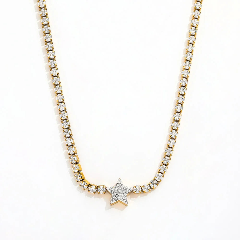 18K Gold Plated Luxury Zirconia Pave Geometric Star Pendant Necklace Stainless Steel Choker Necklace Design Jewelry Wholesale