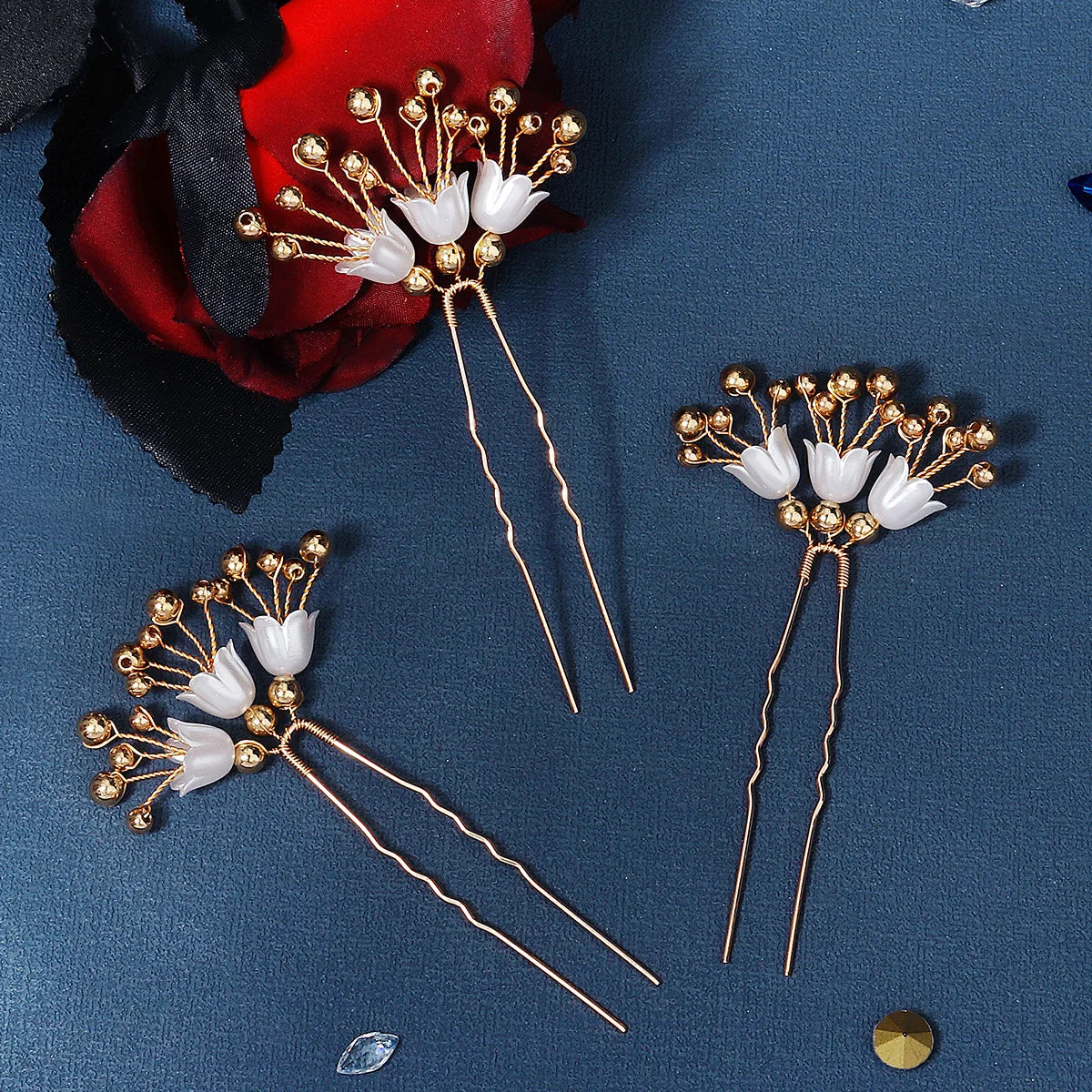 Handmade White Enamel Flower Bridal Wire Hairpin Women's Gold Pearl Wedding Hair Jewelry Accessories