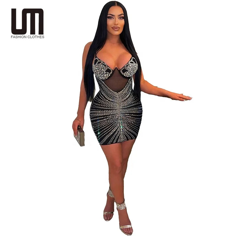 Liu Ming Valentines Day Gift Women Elegant Clothing Club Party Rhinestone Short Mini Dress