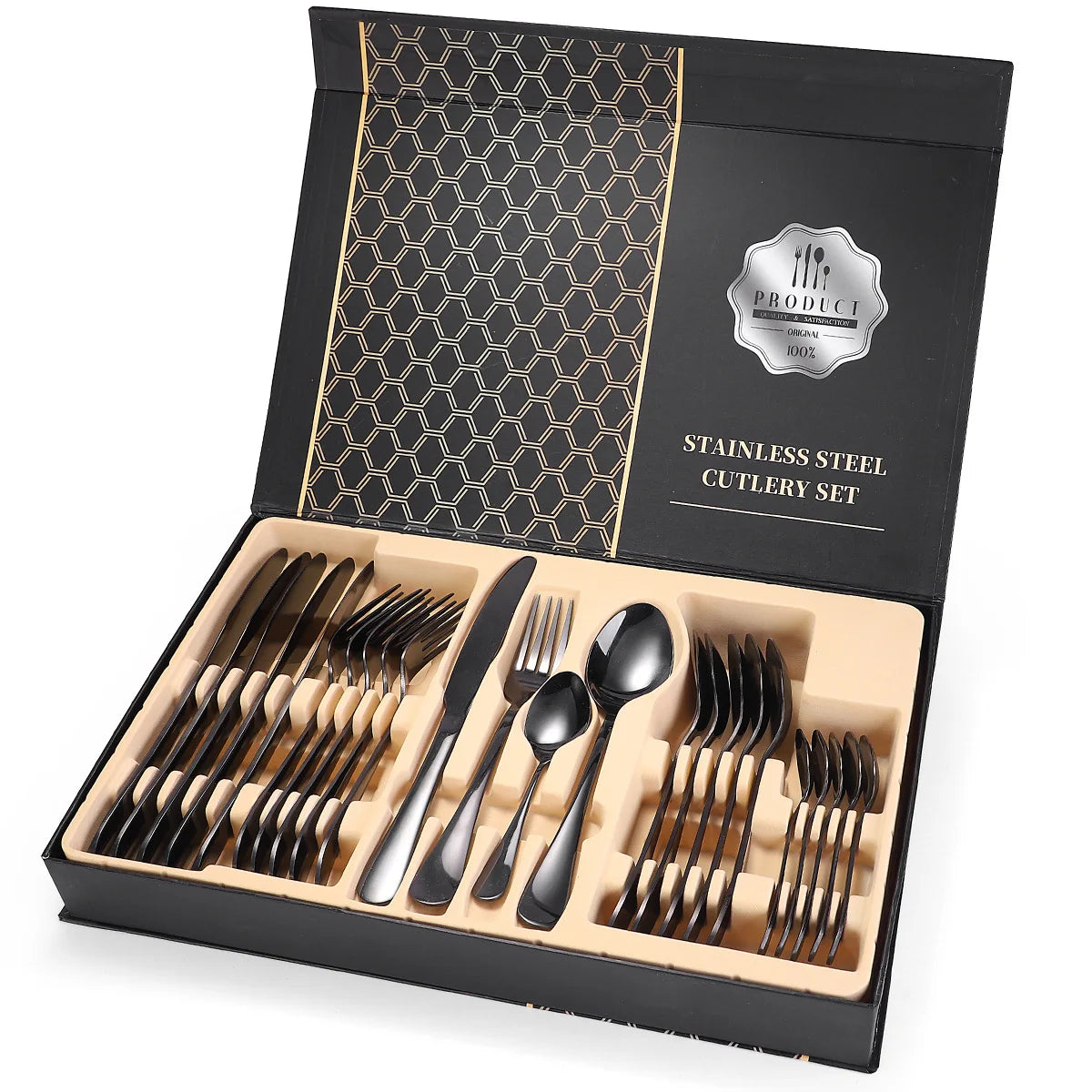 2020 New Style 24 Pcs Gift Stainless Steel Cutelry Set with Box  16pcs Gold Plated 18/10  Cutlery Set with  case for Gift