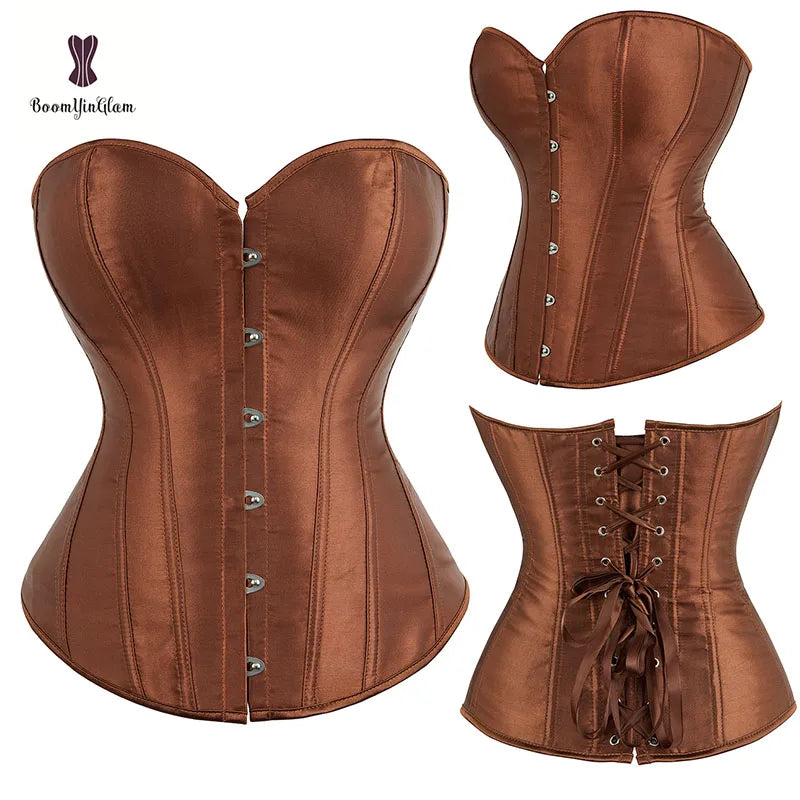 Plus Size XS to 6XL Brown Bodice Women's Corset Top with Satin Fabric Breathable & Thin Design for Busty Women