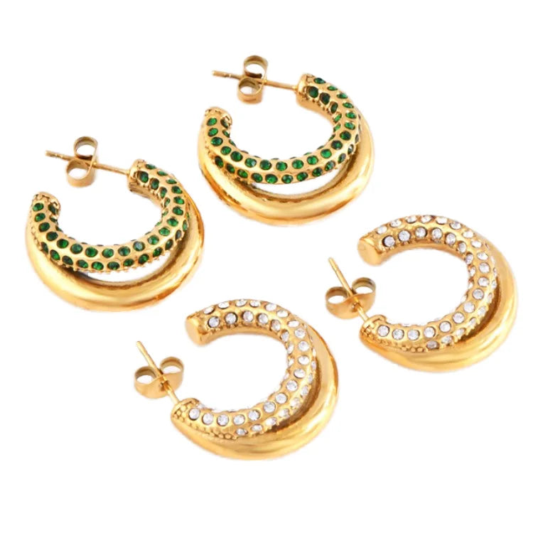 Unique Korean Custom Luxury Zircon Small Stainless Steel Gold Plated Geometric CC Earrings