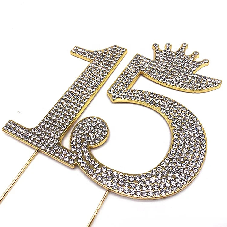 Popular Styles Metal Zinc Alloy 15th Birthday Crown Jeweled Crystal Cake Topper Wholesale