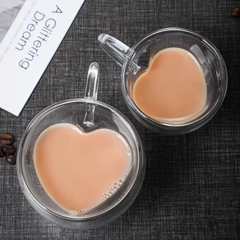 Double Wall Heart Coffee Cup With Saucer 240Ml Big Capacity Heat Resistant Glass Mug Restaurant Hotel Gift