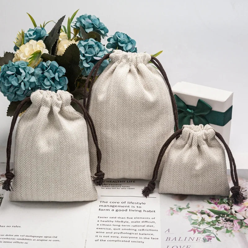 Custom Logo  Cotton Herringbone Pattern Pouch Packaging Bags Storage Cotton Natural Cotton Drawstring Gifts Pouches Recyclable