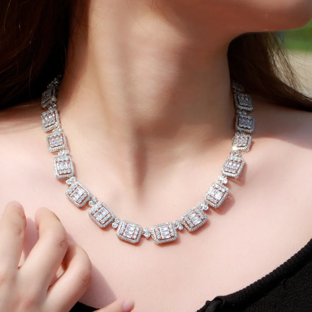 Luxury Designs African Cubic Zirconia Dubai Gold Color Tennis Necklace for Women Wedding Party Bridal Costume Jewelry Accessory