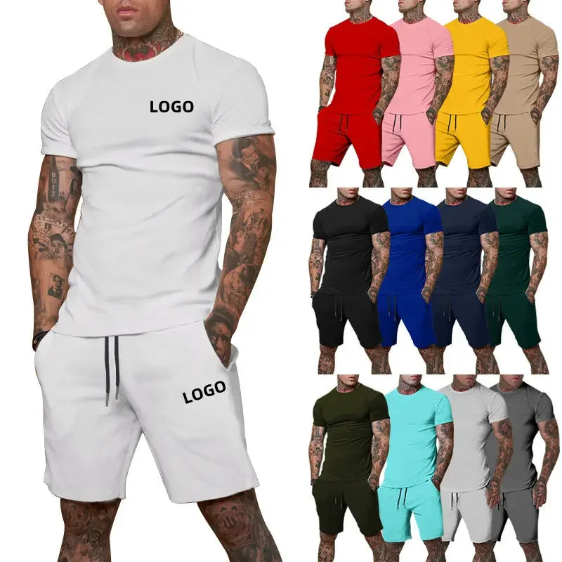 Customizable Logo European and American Men s Sports Two Piece Set Solid Color Shorts and Short Sleeved Tshirt for Summer