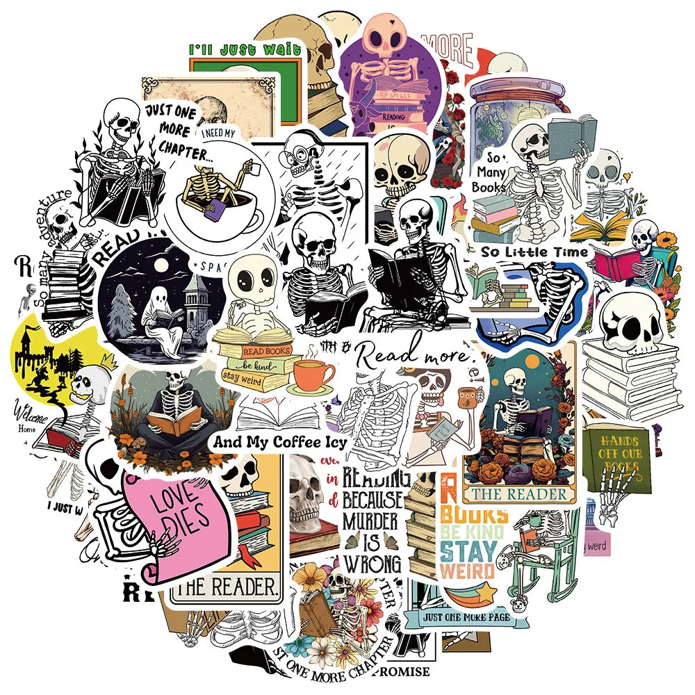 50PCS Waterproof Funny Bookish Decals for Book Lover Gothic Skeleton Reading Sticker