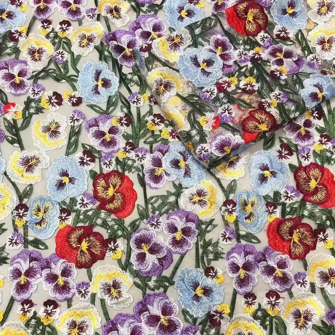 Haute Colorful Floral Threadwork Embroidered Mesh Dress Fabric