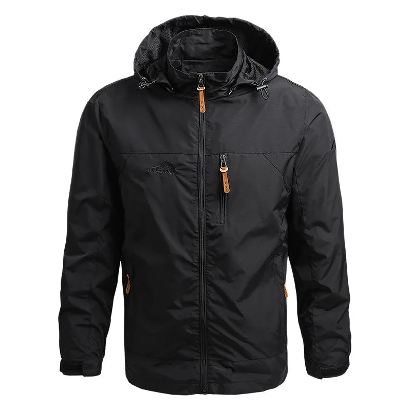 Men's Casual Windbreaker Coat Spring Autumn Outdoor Large Hooded Jacket Stand Collar Zipper Closure Soft Wool Shell Solid