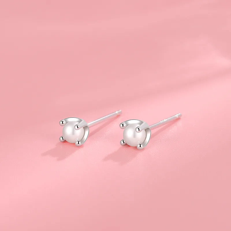 Silver Gold Plated 925 Sterling Silver Mini Beautiful Pearl Round Stud Earrings for Women