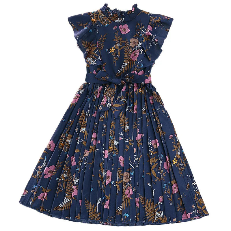 130-160cm European and American Girls' Dress Summer New Flying Sleeve Retro Flower Princess Dress Short Sleeved Dress