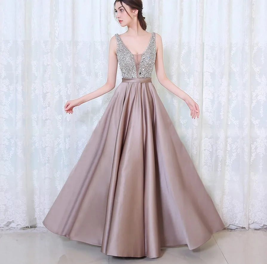 16 Colors Women Party Sequin Beaded Evening Dress V Neck Sleeveless Bridesmaid Dresses