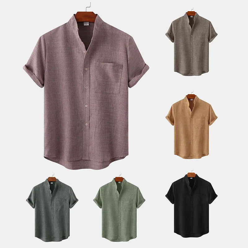 RNSHANGER Harajuku Button Shirts for Men Summer Casual Shirts Solid Color Short Sleeve Stand Collar Streetwear Shirt for Men