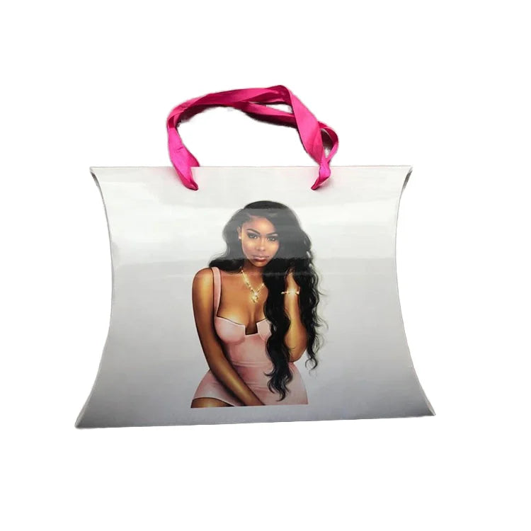 Elegant Custom Logo Small Paper Bag Luxury Virgin Human Hair Bundles Wig Mini Paper Bag Folders Pillow Shape Packaging Paper Bag