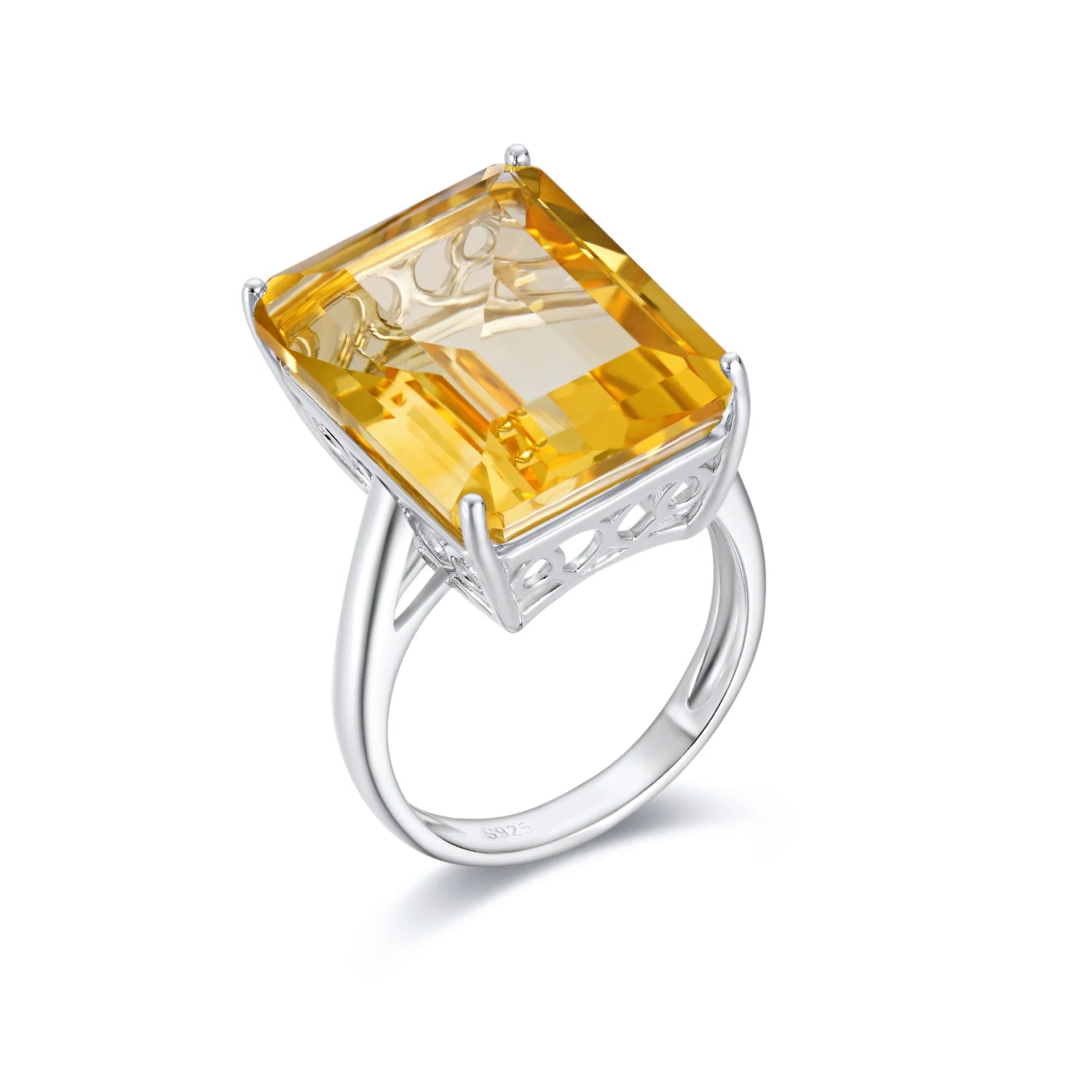 YBO 21 Karat Unisex Men's and Women's 925 Sterling Silver Octagon Citrine Natural Gemstone Rings for Wedding and Party Jewelry