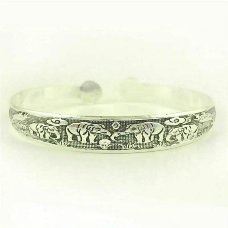 Women Vintage Carved Elephant Dragon Phoenix Zodiac Tibetan Tibet Silver Totem Cuff Bangle Bracelet Jewellery Gift