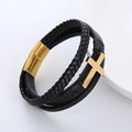Wholesale Minimalist Christian Stainless Steel Cross Genuine Leather Bracelets for Men
