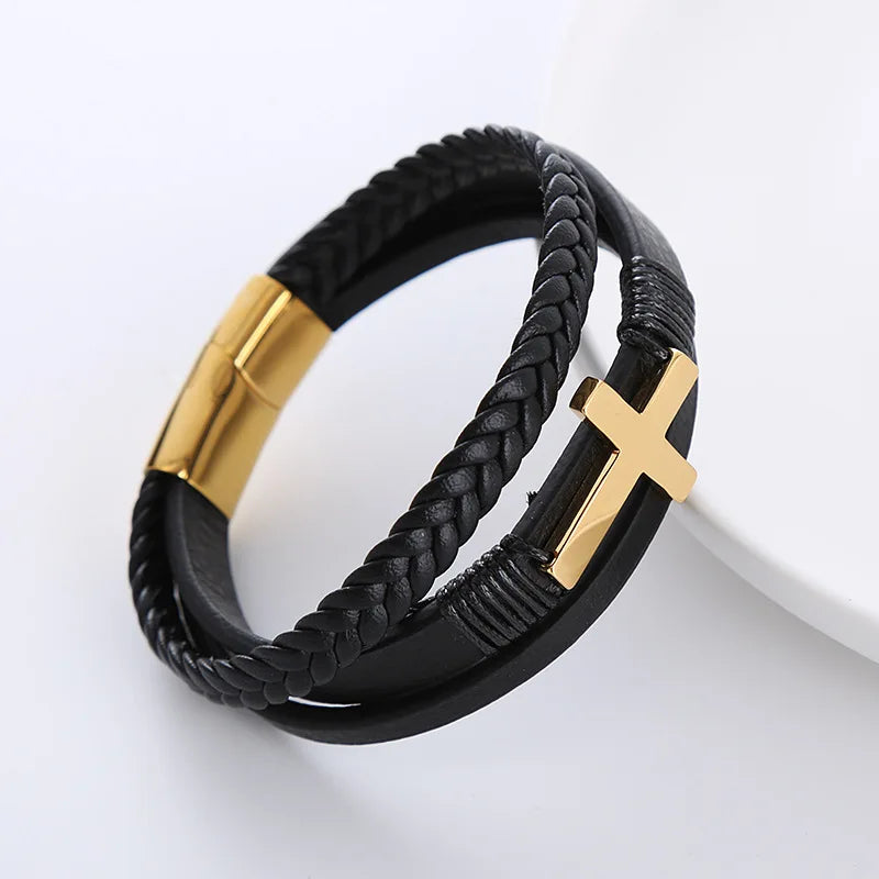 Wholesale Minimalist Christian Stainless Steel Cross Genuine Leather Bracelets for Men