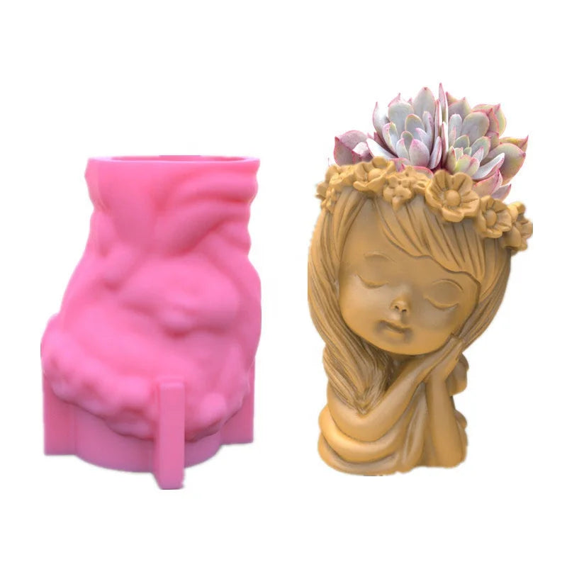 E-0009 Sleepy Wreath Girl Flowerpot Silicone Mold Originality Pen Container Succulent Plant Small Potted Gypsum Cement Glue