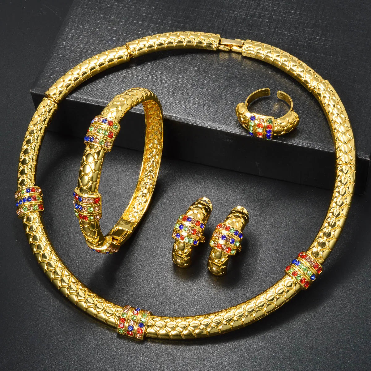 Bohemian Luxury 14K Gold Plated Colourful Zircon Earring Ring Choker and Bracelet Jewellery Sets Women