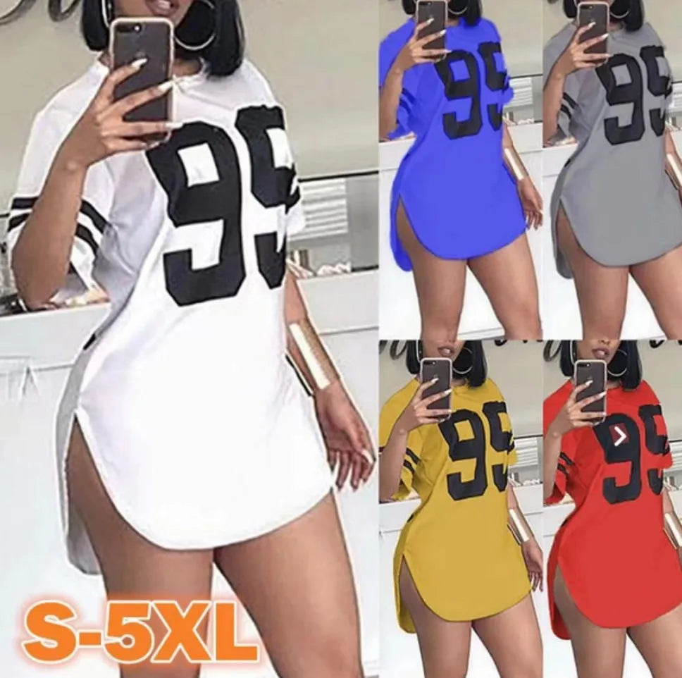 Summer Popular Round Neck Digital Print Medium Length Split Short Sleeved T-shirt for Women