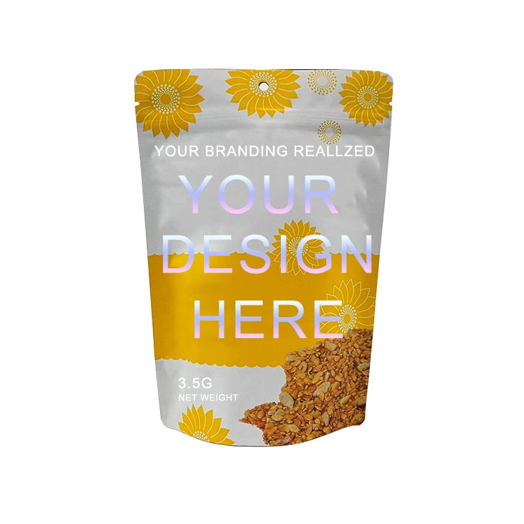 Custom 3.5g Food Grade Durable Multi-Layer Design Stand Pouch Waterproof Resealable Mylar Bags for Flaxseed Crackers Milk Jelly