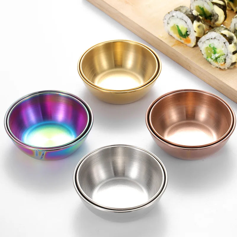 4pcs 8.2cm Diameter Stainless Steel Plant Eco-Friendly Condiment Portion Cups Appetizer Plates Soy Sauce Bowl Serving Saucer