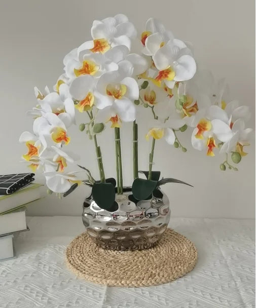 B0374 Wholesale Home Decor Artificial Butterfly Artificial Phalaenops Latex Orchid Plant Gold Pot Orchid