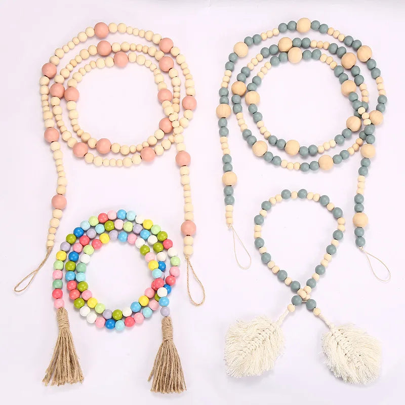 Natural Farmhouse Prayer Beads Wood Bead Garland Hanging Handmade Boho Tassel Rustic Country Wall Decor Decorations