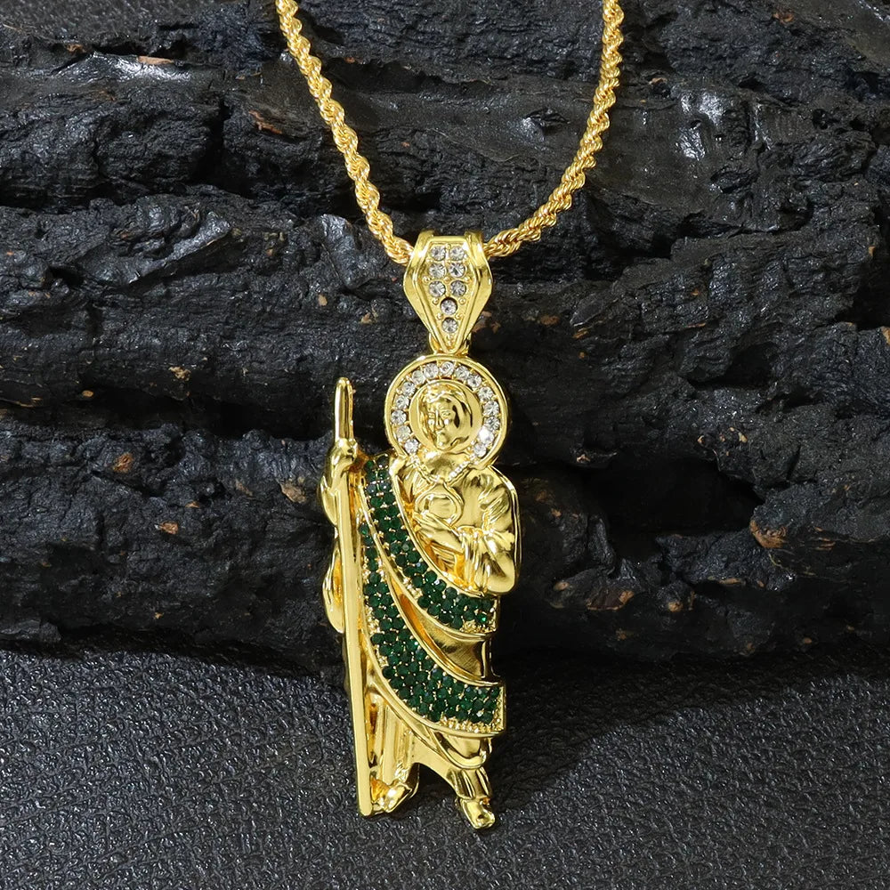 New Diamond-studded Religious Pendant Necklace Hipster Hip Hop Long Twist Chain Pendant Pendant Height 7.8cm* Width 2.6cm