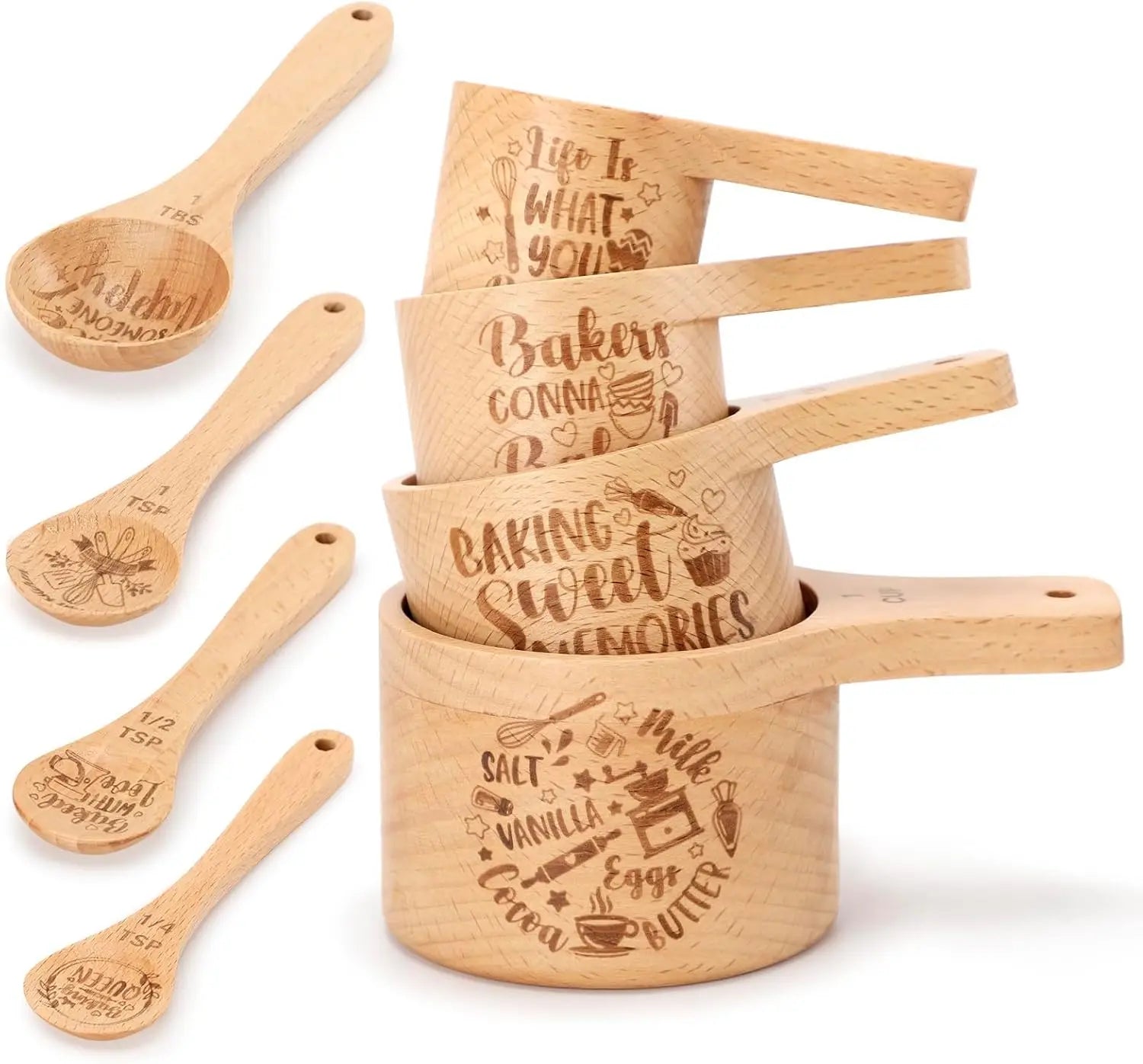 Beech Wood 8pc Kitchen Accessories Cute Measuring Cups and Spoons Measuring for Dry Ingredients Measuring Cup and Spoon for Diet