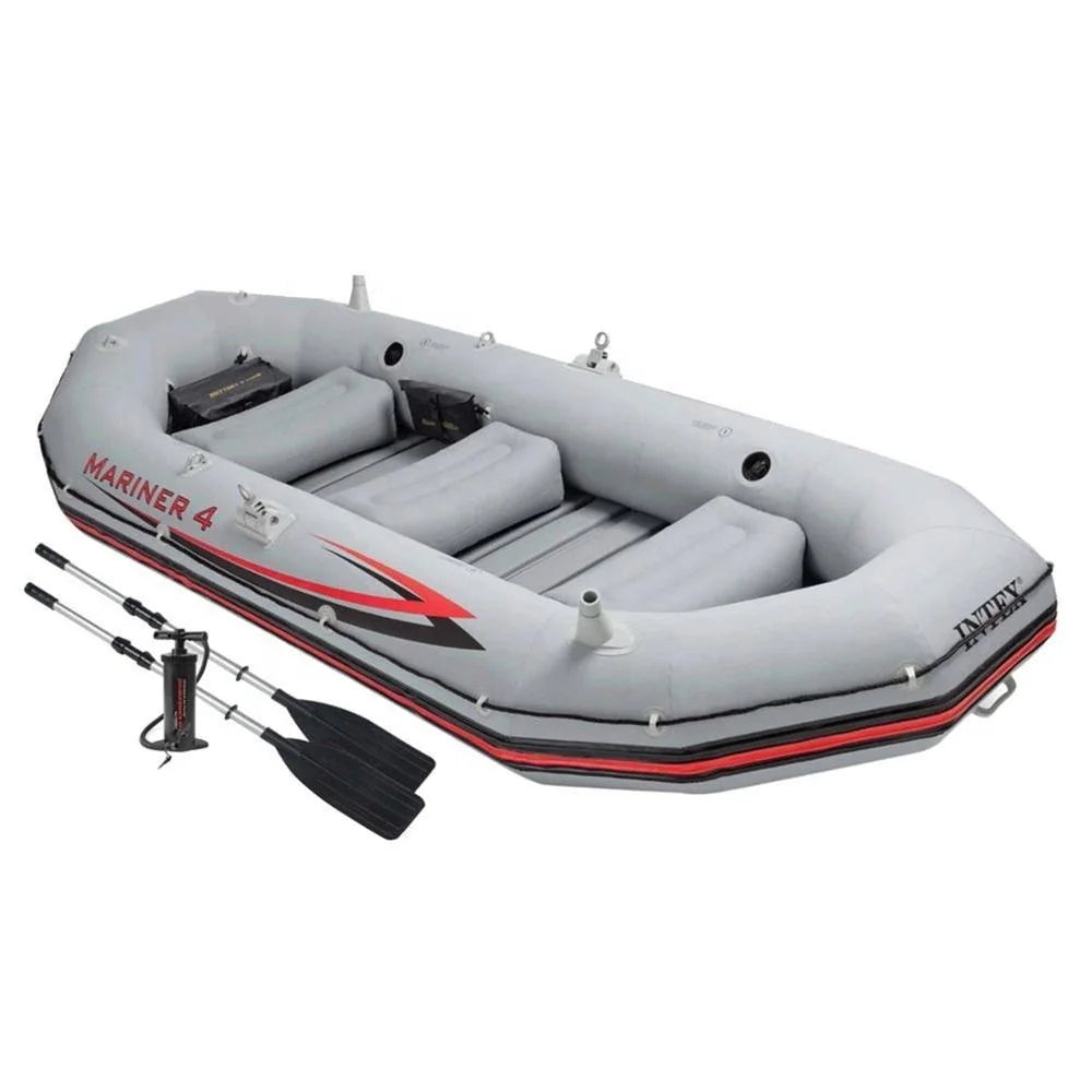 Intex 68376 4 Person Inflatable Mariner Boat Set Heavy Duty PVC Fishing Dinghy for Outdoor Water Sports