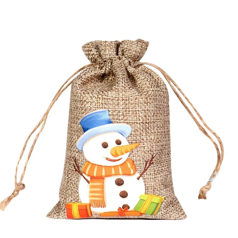 Custom Christmas Decorations Jute Drawstring Shopping Bag with Cotton Handle Recycled Burlap Jute Cartoon Pattern