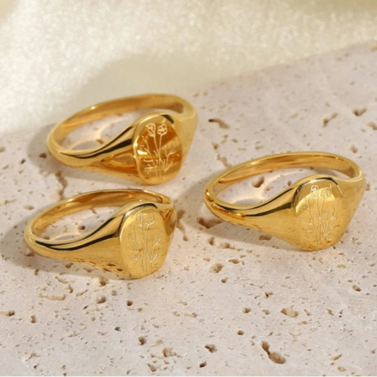 MC252 Wholesale 18K Gold Plated 316L Stainless Steel Engraved Sunflower Flower Ring Female Minimalist Jewelry Chunky Rings