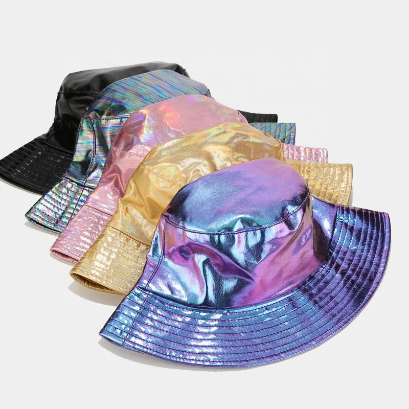 WD-A1037 PU Leather Shiny Pink White Adults Oversized Bucket Hat for Fishing & Cycling Daily Use Unisex All Seasons