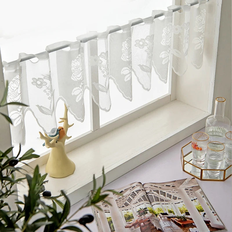 XinLan Floral Printed Gauze Drape Sheer Door Valance White Lace Window Short Sheer Curtains
