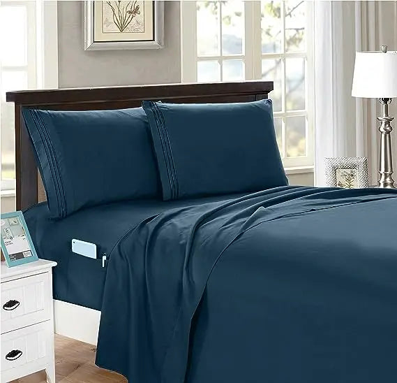 4 Piece Sheet Set Luxury Soft Egyptian Quality Wrinkle and Fade Resistant with Side Storage Pock
