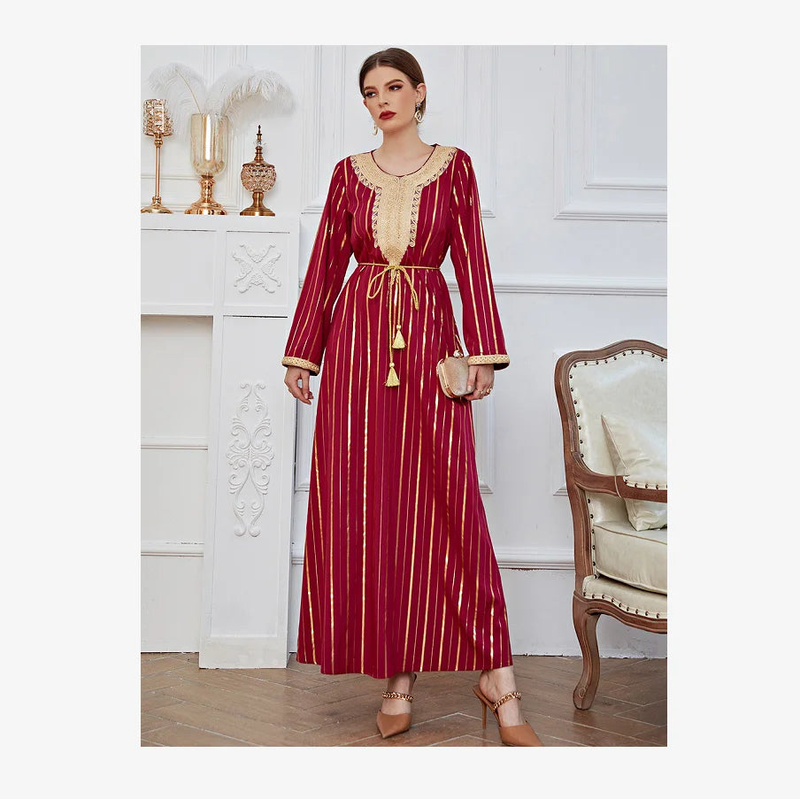 10% S-3XL Vintage Long Skirt Cotton Embroidery High-End Temperament Commuting Bronzing Print Lace-Up Dress Muslim Robe
