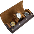IVANHOE 3-Bit Genuine Leather Watch Case Rolls Holder Organizer Portable Jewelry Round Box Cylinder Display Gift Accessary