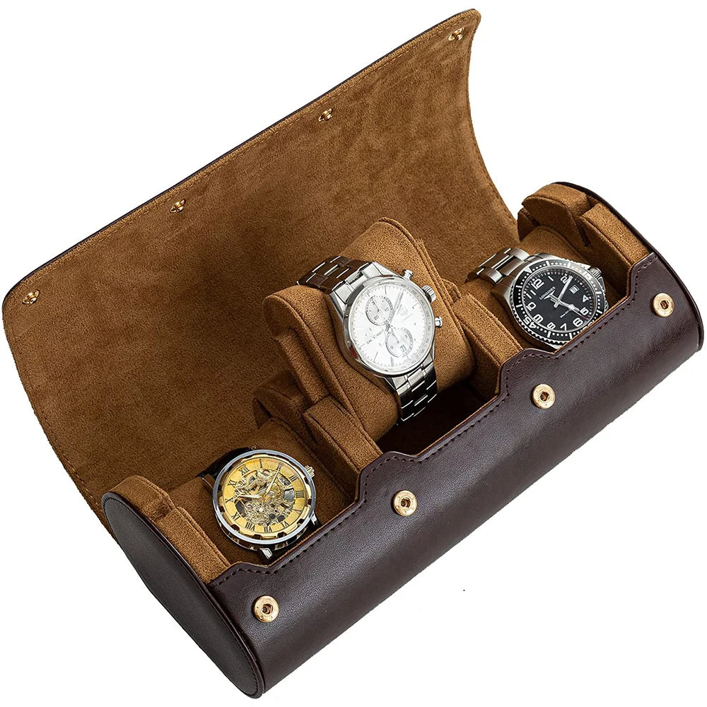 IVANHOE 3-Bit Genuine Leather Watch Case Rolls Holder Organizer Portable Jewelry Round Box Cylinder Display Gift Accessary